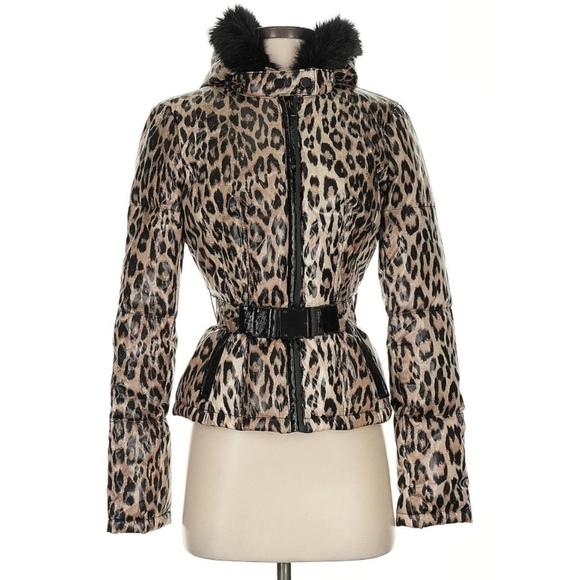 bebe Jackets & Blazers - BEBE vintage animal print belted puffer jacket with faux fur hood